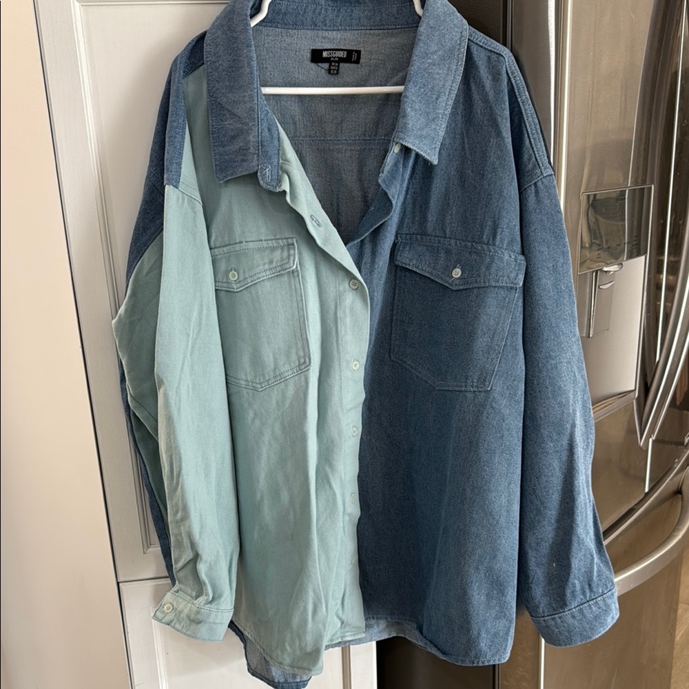 Missguided Two-Tone Denim Shirt Dress - Blue and Green